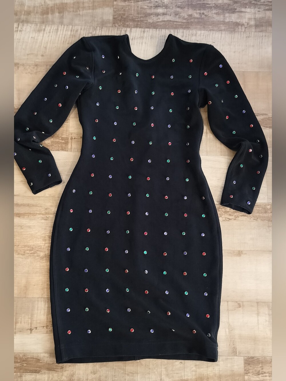 Long-Sleeve Black Bodycon Dress with Multicolor Studs